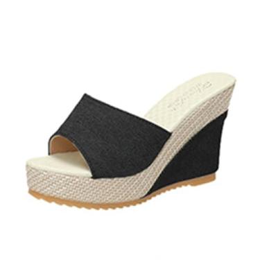 Imagem de Pantufas femininas jeans bico redondo bico aberto sola grossa impermeável para primavera verão casual, Preto, 35