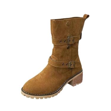 Imagem de Botas femininas casuais, versáteis, fofas, modernas, de outono e inverno, salto moderno, fivela dupla, cano médio, Marrom, 36