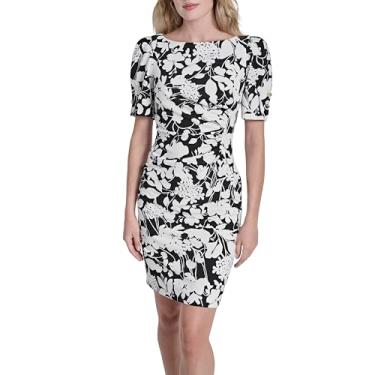 Imagem de DKNY Vestido feminino franzido de manga curta com botões, marfim/preto, 4