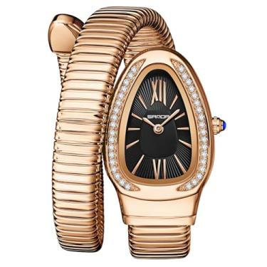 Imagem de Gosasa Relógio feminino elegante em forma de cobra, design exclusivo, bobina de cobra, vestido elegante, pulseira de diamante, relógio de pulso feminino de quartzo com mostrador de algarismos romanos