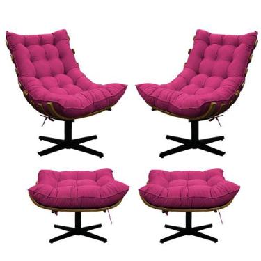 Imagem de Kit 02 Poltronas e 02 Puffs Costela Base Giratória Suede - Doce Sonho 