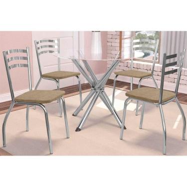 Imagem de Sala Jantar Mesa Volga c/ Tampo de Vidro 95cm e 4 Cadeiras Portugal Cromada - Corano Capuccino - Kappesberg