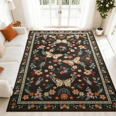 Imagem de FALARK Tapetes laváveis para sala de estar, tapete com estampa floral de borboleta, 10 x 15 cm, tapete antiderrapante para quarto, jantar, escritório, sala de jogos, decoração de casa, marrom