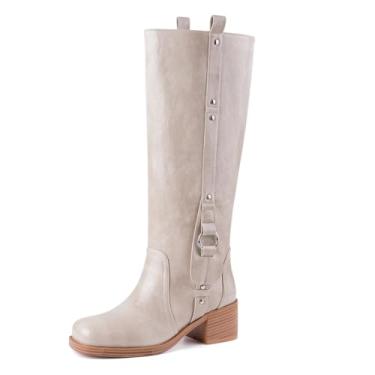 Imagem de CORNMOOD Banana Bota feminina cano alto bico quadrado salto grosso cavalgar botas longas para mulheres confortável salto baixo puxar na panturrilha larga outono bota alta, Caqui, 40