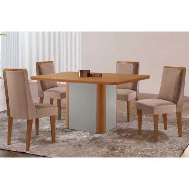 Imagem de Conjunto: Mesa de Cozinha Pietá Tampo Curvo 120cm+4 Cadeiras Tilia Madeira Naturale/Off White - Capuccino/Suede Capuccino - Rufato