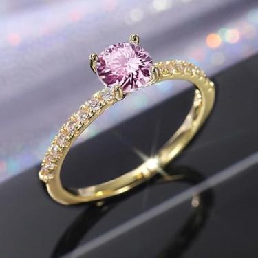 Imagem de Anéis solitários requintados de zircônia rosa de 4 garras para mulheres, noivado e casamento, joias elegantes, Cobre, Zircônia cúbica