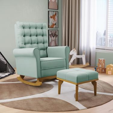 Imagem de Poltrona de Amamentação com Balanço e Puff Manu Veludo Azul Turquesa Base de Madeira F06- D'Rossi