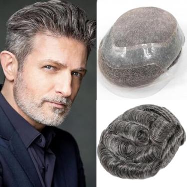 Imagem de Peruca de cabelo monofilamento para homens cabelo humano europeu HD suíço frente de renda masculina sistema de substituição de cabelo prótese com PU em torno de peruca masculina 17 x 25 cm preto 1B