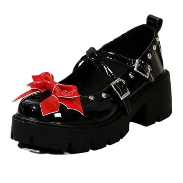 Imagem de Tênis feminino punk Mary Jane plataforma com corrente de laço rebite, casual, couro gótico, preto, bico redondo, salto grosso, jeans, saias para Halloween, viagem, festa, cosplay, encontros, - Estilo