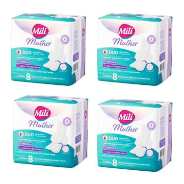 Imagem de Absorvente Higiênico Feminino Mili Mulher Duo (menstrual + escape de urina)  kit 4 pacotes c/8 Uni