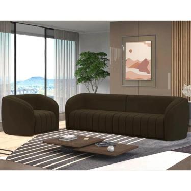 Imagem de Sofá Decorativo 4 Lugares 332cm e Poltrona Meris Z32 Veludo Marrom - Mpozenato