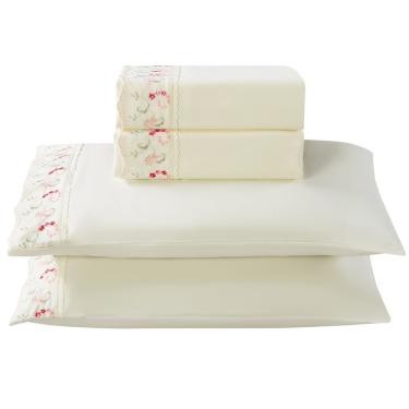 Imagem de Jogo De Lençol Queen Essenza 300 Fios Micropercal Bordado 4 Peças Palha Ramo Vermelho