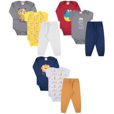 Imagem de Kit Body Bebê Estampado Manga Longa e Manga Curta com Calça Mijão com 