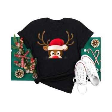 Imagem de Camiseta Feminina De Natal Com Estampa De Rena E Papai Noel, Gola O, E