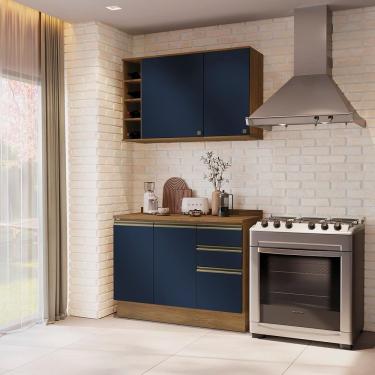 Imagem de Armário de Cozinha Compacta Garrafeiro CB1387 4 Portas 3 Gavetas MDF 120cm Azul Nogueira Fosco