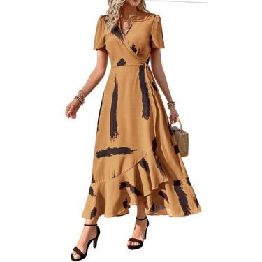 Imagem de Vestido Longo Envelope Floral PRETTYGARDEN com Decote V e Manga Curta 
