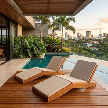 Imagem de Kit 2 Espreguiçadeiras Poltronas com Almofada Madeira Maciça Mawi Yescasa Bege / Nogueira