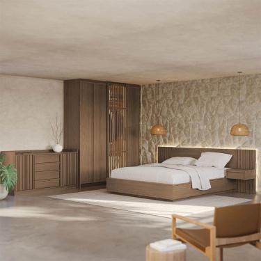 Imagem de Kit Guarda Roupas 4 Portas, Cama Casal/Queen com LED e Cômoda Seringal CabeCasa Madeira...