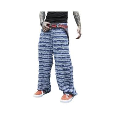 Imagem de Calças Jeans Masculinas Retro Azuis Listradas Com Efeito Desgastado, L