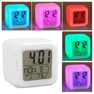 Imagem de Relógio Cubo De Mesa Digital Despertador Led 7 Cores A Pilha - Elite ,