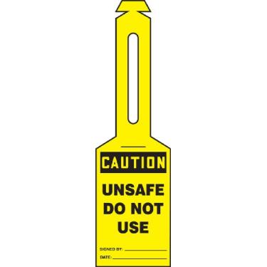 Imagem de Accuform Signs TAL314 Etiqueta de alça de plástico, legenda, "Caution Unsafe DO NOT USE", 14 cm de comprimento x 8 cm de largura com alça de 15 cm, preta em amarelo (pacote com 25)
