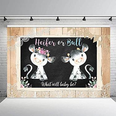 Imagem de MEHOFOND 2,1 x 1,5 m Pano de fundo de revelação de gênero de vaca Heifer ou Bull Pink ou Blue She or He Floral Retro Madeira Farm Fotografia Banner Festa Bolo Smash Decoração Photobooth Adereço