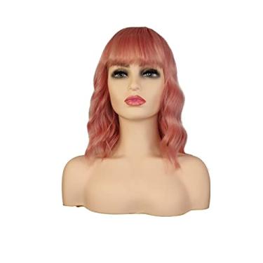 Imagem de Peruca encaracolada sintética curta bordô peruca com franja natural cabelo fibra resistente ao calor feminino (14 polegadas) (Rosa)