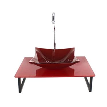 Imagem de KIT CUBA DE VIDRO QUADRADA 10MM TAMPO 50CM VERMELHO CEREJA FULL COM SUPORTE TORNEIRA VALVULA