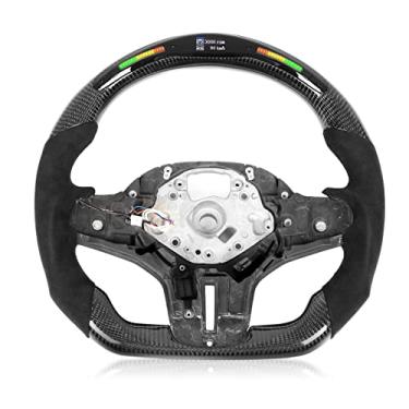 Imagem de Volante de carbono em forma de D, substituições de volante universais de corrida, volante inferior plano profissional com indicador de mudança de LED, mostrador de dados dinâmicos, recorde de tempo