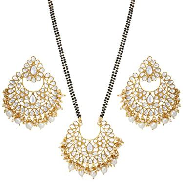 Imagem de Aheli Colar indiano tradicional de bollywood com pedra falsa Mangalsutra com brincos conjunto de joias para mulheres e meninas (AH-PF24MS4150), Metal, Sem pedras preciosas