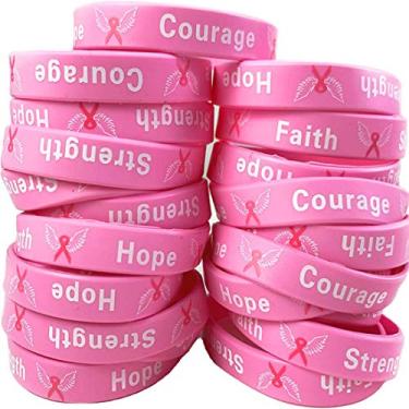 Imagem de Pacote com 50 pulseiras de fita rosa para conscientização do câncer de mama Hope Faith Strength Courage Inspiring Wristbands, Breast Cancer Bracelet, Silicone