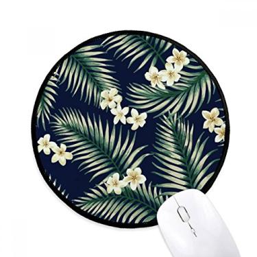 Imagem de Tapete de mouse para computador com desenho de planta branca tropical, tapete redondo para escritório