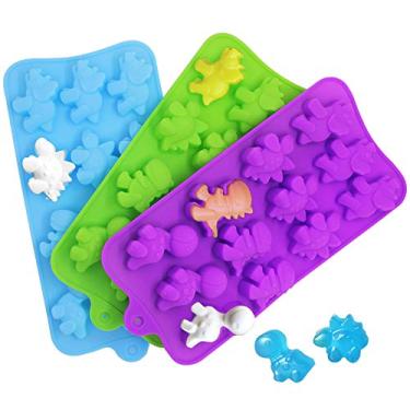 Imagem de YuCool Pacote com 3 moldes de chocolate de dinossauro, mini moldes de goma de silicone de dinossauro com 12 cavidades para cubo de gelo e chocolate doce - roxo, azul, verde
