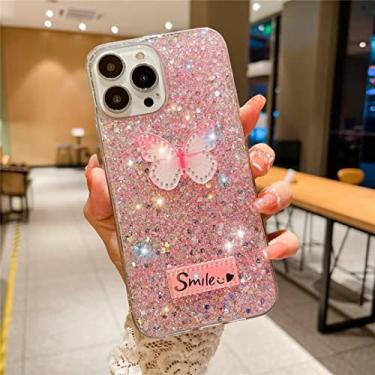 Imagem de FCSWEET Capa compatível com iPhone 13, linda borboleta com glitter, à prova de choque, fina, macia, antiderrapante, de silicone transparente para meninas e mulheres - rosa