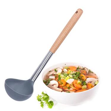 Imagem de Concha de cozimento de silicone,concha de sopa antiaderente macia, cabo de madeira seguro macio, resistente a arranh?es, colher de cozinha e servir para sopa, piment?o, molho, colher de sopa con