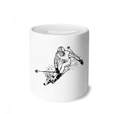 Imagem de DIYthinker Caixa de moedas de cerâmica com ilustração de esqui preta para presente de cofrinho