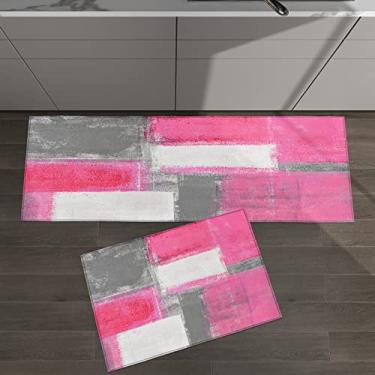 Imagem de Conjunto de 2 tapetes de cozinha abstrato rosa cinza branco pintura a óleo geométrica para tapetes e tapetes acolchoados antiderrapante corredor confortável tapete de pé