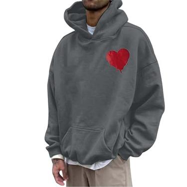 Imagem de Moletom com capuz masculino com estampa de coração amoroso suéter casual leve moletom com capuz Street Hip Hop pulôver top, Cinza, Small