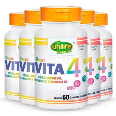 Imagem de Kit 5 Vita 4 Cálcio Magnésio Vitamina D E K2 Unilife 60 Cápsulas