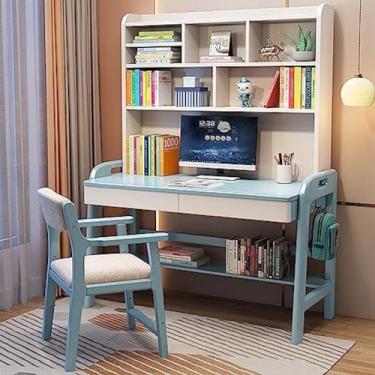 Imagem de Mesa De Estudo De Madeira Maciça, Mesa De Altura Ajustável Com Gaiola E Gaveta De Armazenamento, Mesa De Estudo Do Aluno Estação De Trabalho Para Escrita Infantil Para Uso Escolar Em Casa,Azul,94x