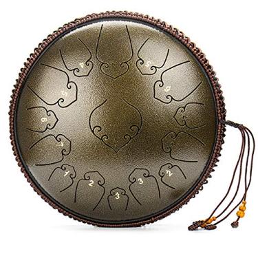 Imagem de Tambor de língua de aço 35,5 cm 15 notas instrumento de percussão, tambor etéreo Handpan com baquetas e bolsa de viagem, para educação musical, concerto, cura mental, ioga, meditação, bronze-35,5 cm