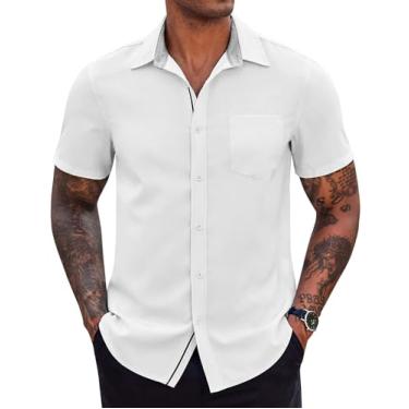 Imagem de COOFANDY Camisa masculina casual de botão manga curta Muslce Fit Business Dress Shirt com bolso, Branco, M