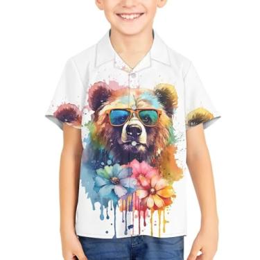Imagem de Camisas havaianas de botão para crianças tropicais manga curta camiseta unissex praia verão camisetas Aloha para 3-16 anos, Urso grafite, 13-14 Years