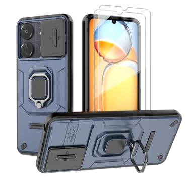 Imagem de WRTBS Capa de telefone para Xiaomi Redmi 13C com protetor de tela de vidro [2 unidades], capa de proteção de câmera deslizante embutida, capa protetora de corpo inteiro militar resistente - azul