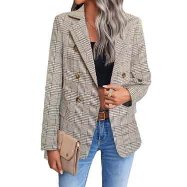 Imagem de Mina Self Blazer xadrez Tweed para mulheres 2023 novo outono inverno moda blazer frente aberta trabalho jaqueta com bolso (P-GGG), Xadrez/marrom, XXG