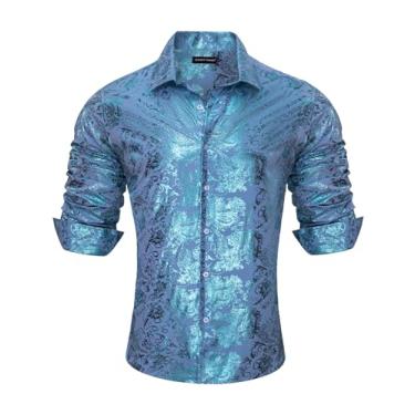 Imagem de Barry.Wang Camisetas masculinas Paisley Muscle Shirt vestido de seda botão manga longa regular tops moda flor casamento/formal, Estampa azul celeste, 3G