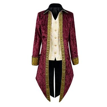 Imagem de IWQBQ Fantasia de pirata masculina jaqueta medieval renascentista casaco de vampiro gótico (YT2306RD,S)