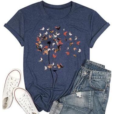 Imagem de Camisetas femininas com estampa de dente-de-leão para meninas adolescentes e amantes de flores silvestres, Frango-azul-marinho, GG