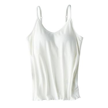 Imagem de Sutiã de prateleira embutido para mulheres blusas de alças finas ajustáveis com nervuras cor sólida camisa de verão, Branco, P