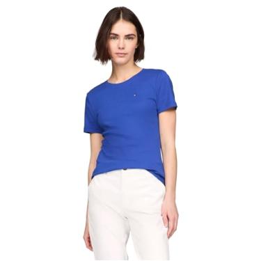 Imagem de Tommy Hilfiger Camiseta feminina de algodão de desempenho – Camisetas estampadas leves, Realeza., PP